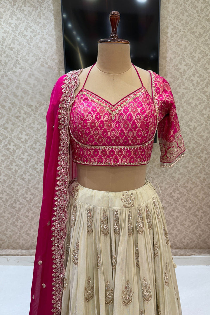 Pink with Cream Beads, Sequins, Stone, Mirror, Zari and Banaras work Crop Top Lehenga