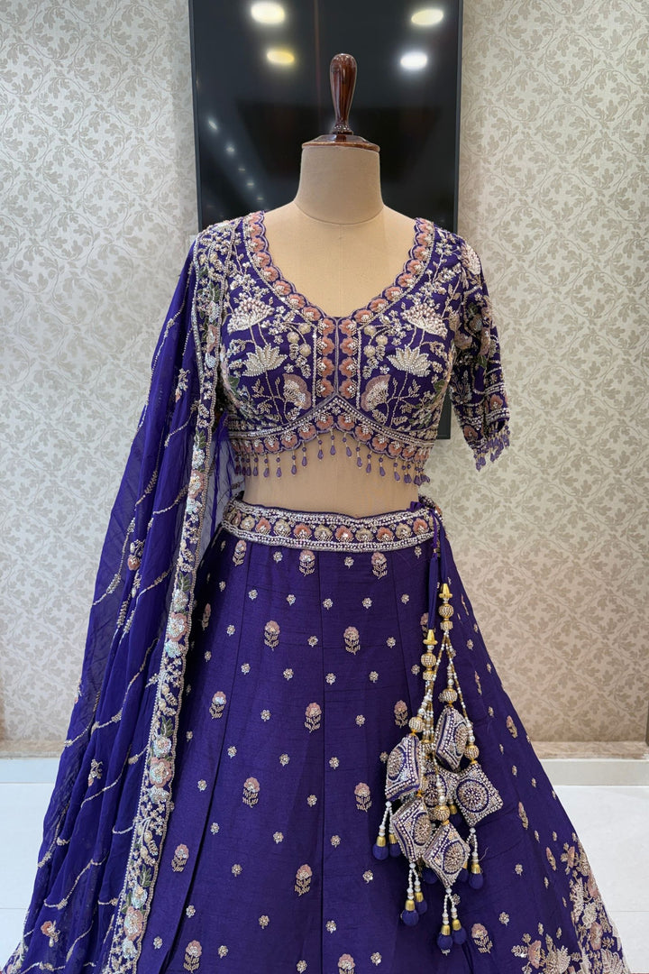 Purple Bridal Lehenga Set with Intricate Zari, Sequins, Beads and Floral Embroidery
