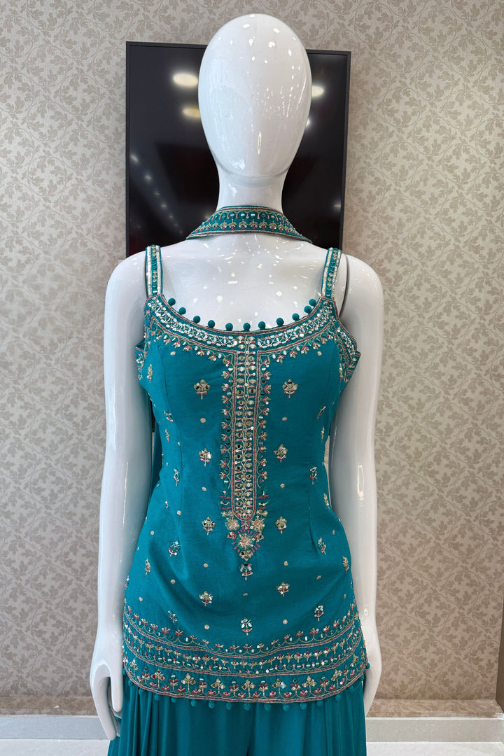 Mirror, Sequins, Zardozi and Thread Detail on Rama Blue Festive Kurta with Palazzo Set