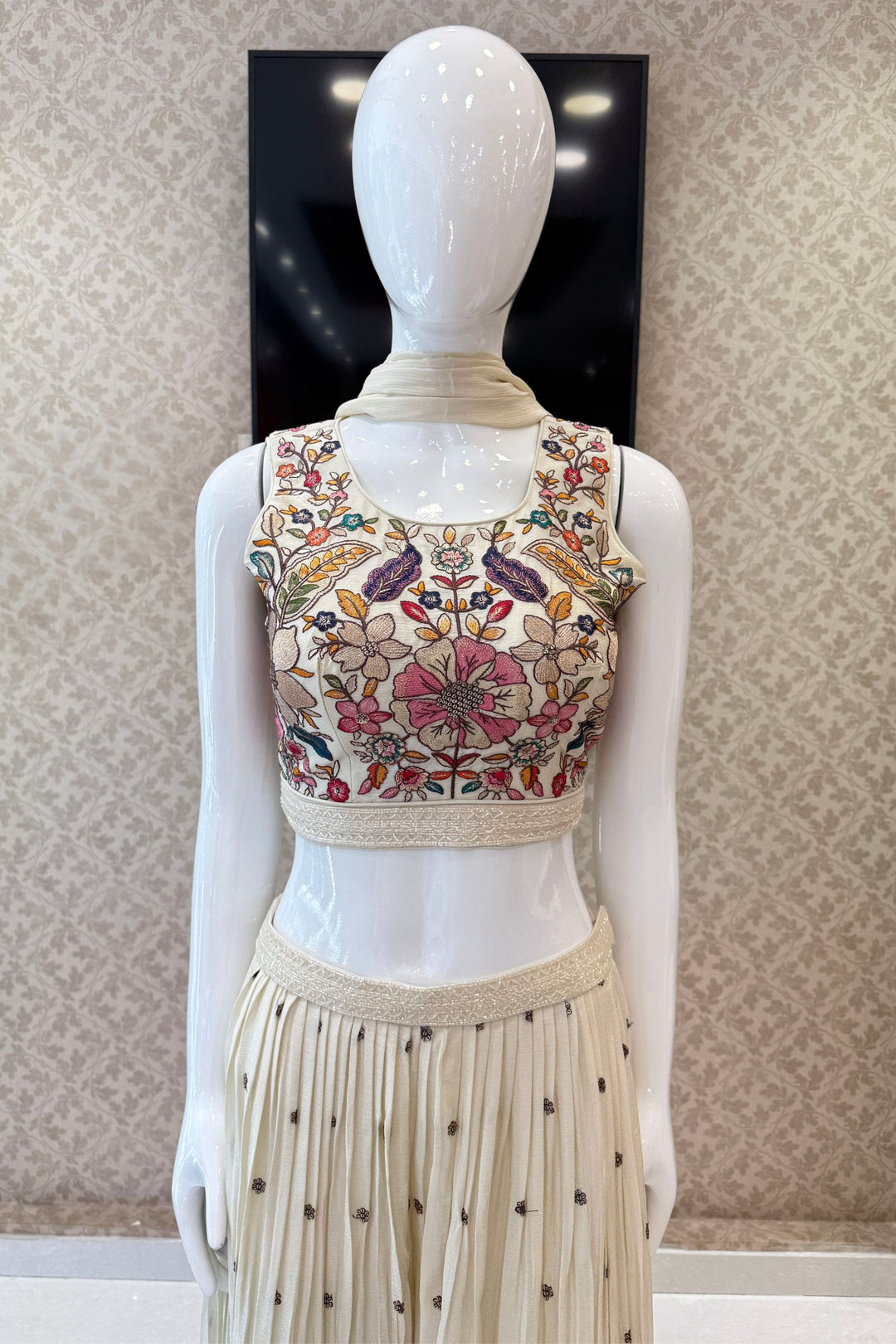Half White Floral Embroidered Palazzo Set