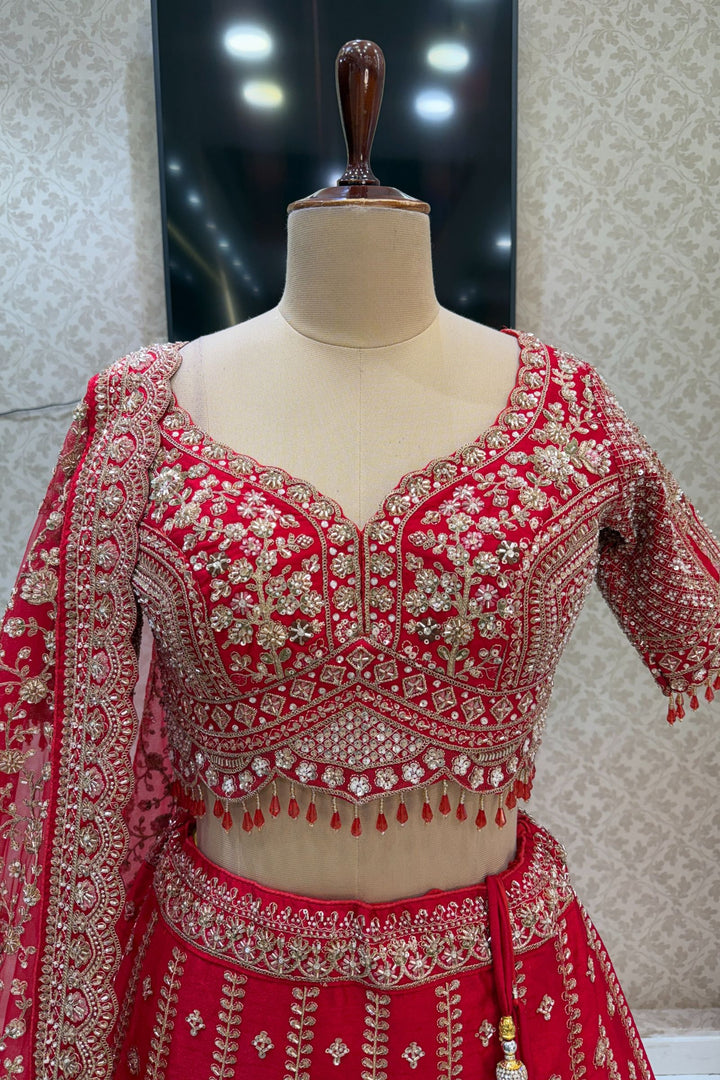 Red Beads, Zari, Zardozi, Thread and Sequins work Crop Top Designer Bridal Lehenga