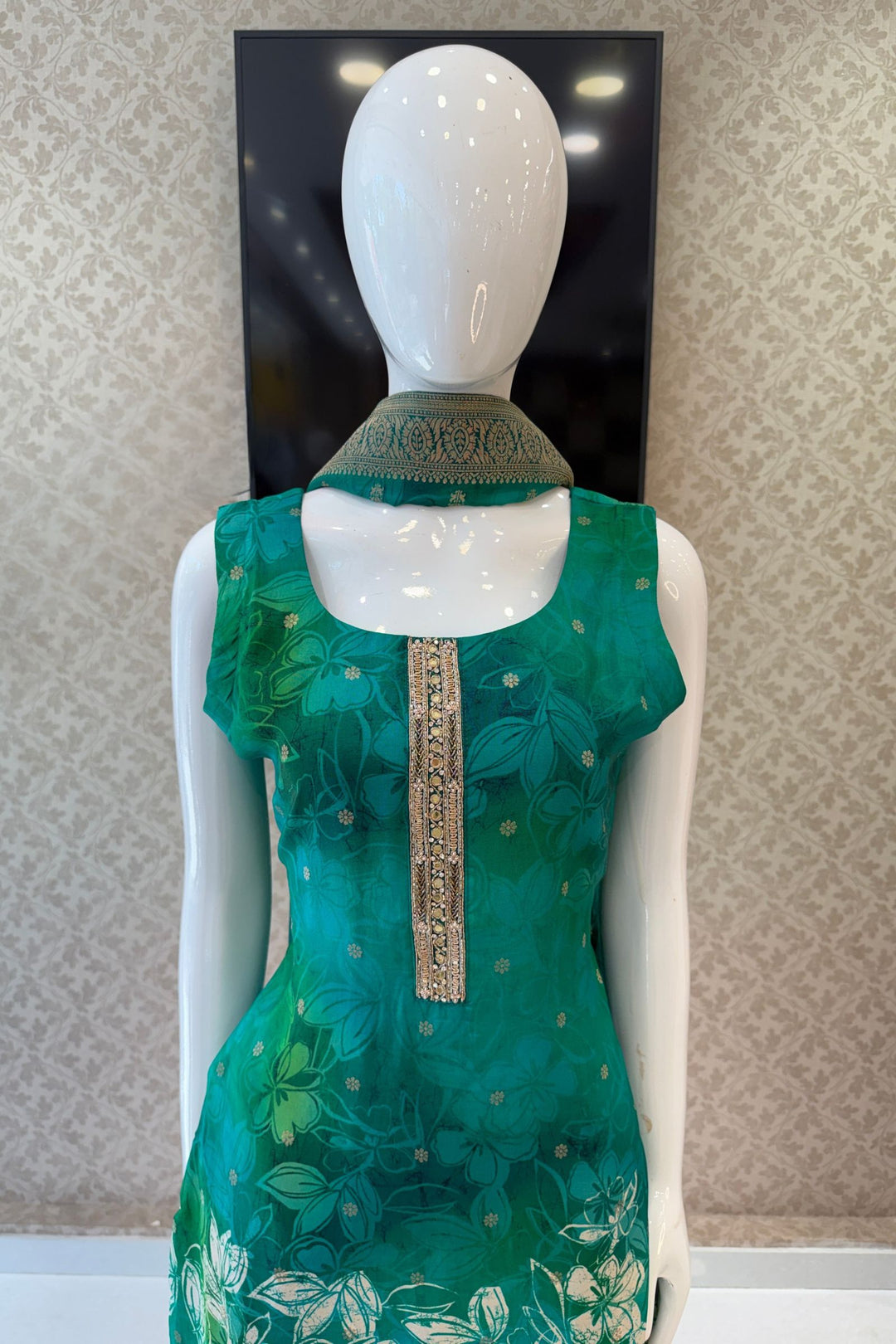 Green Banaras, Beads, Zardozi and Stone work with Floral Print Straight Cut Salwar Suit