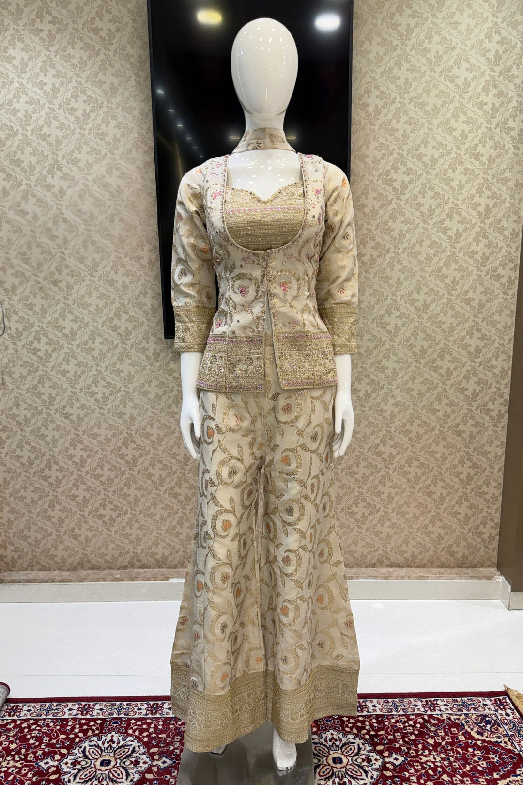 Cream Palazzo Set with Beads, Sequins and Zari work with Choker Dupatta