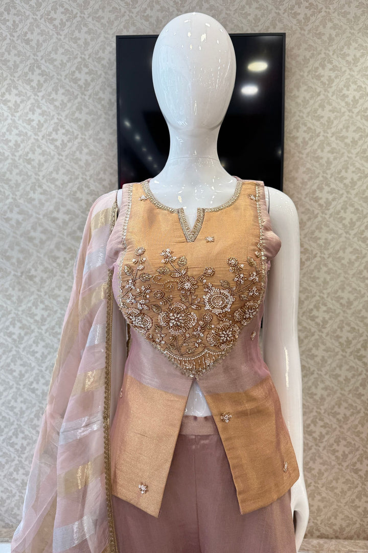 Onion Pink Palazzo Set with Beads, Sequins and Zari work with Organza Dupatta