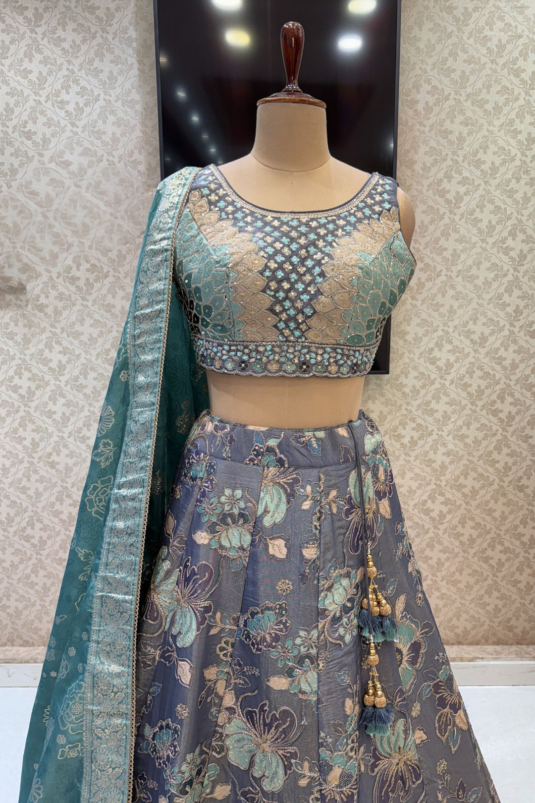 Grey Beads, Sequins, Zardozi and Multicolor Thread work with Digital Print Crop Top Lehenga
