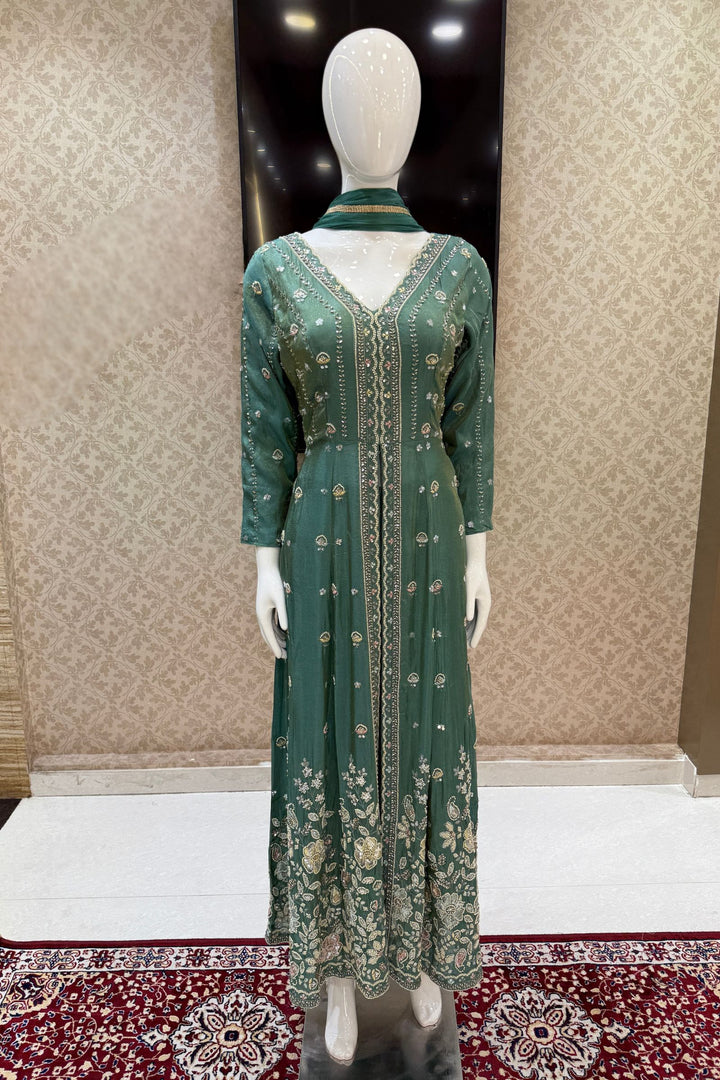 Sea Green Beads, Sequins and Thread work Long Top with Straight Pant