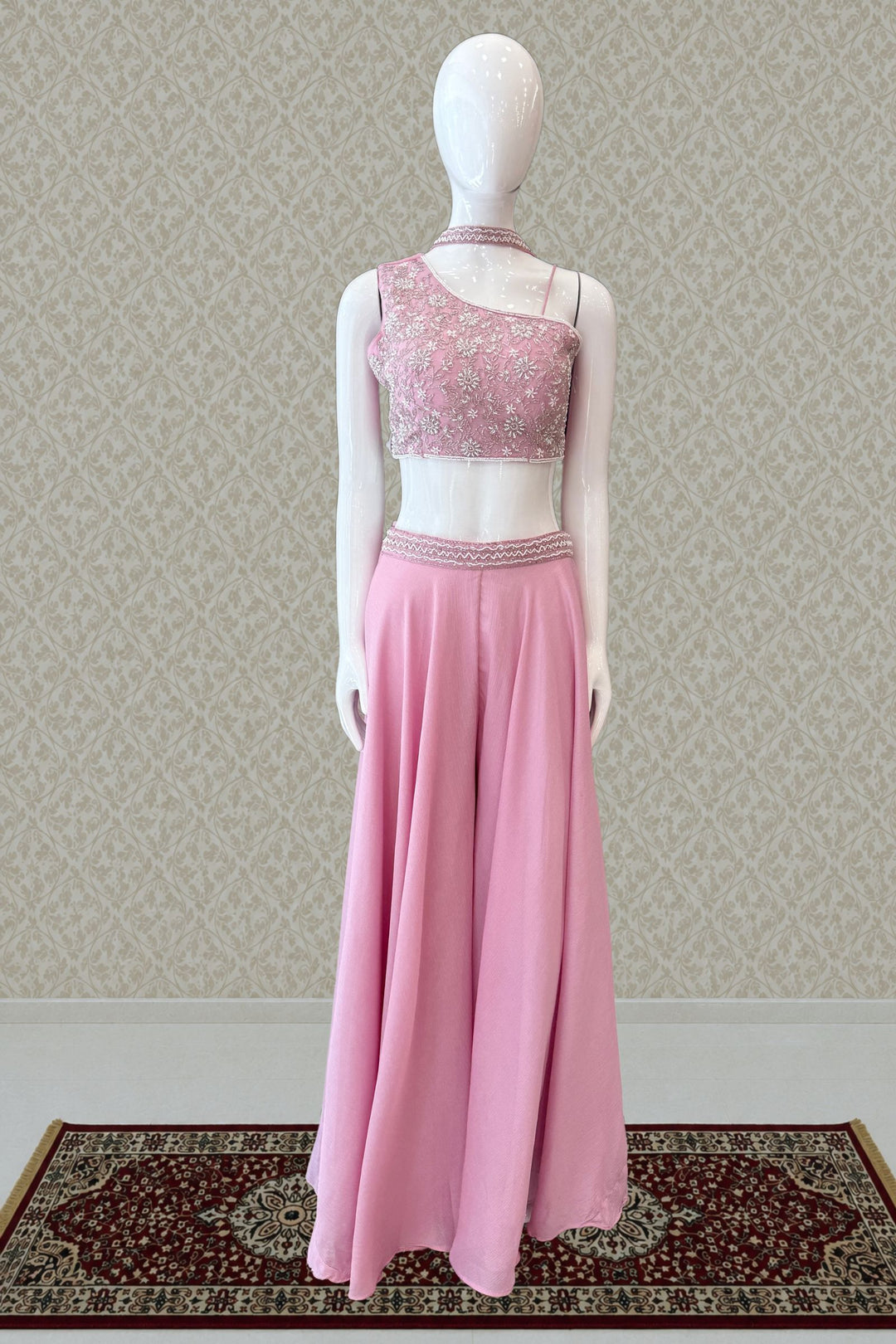 Baby Pink Beads and Stone work Indo-Western Palazzo Set with One-Shoulder Top