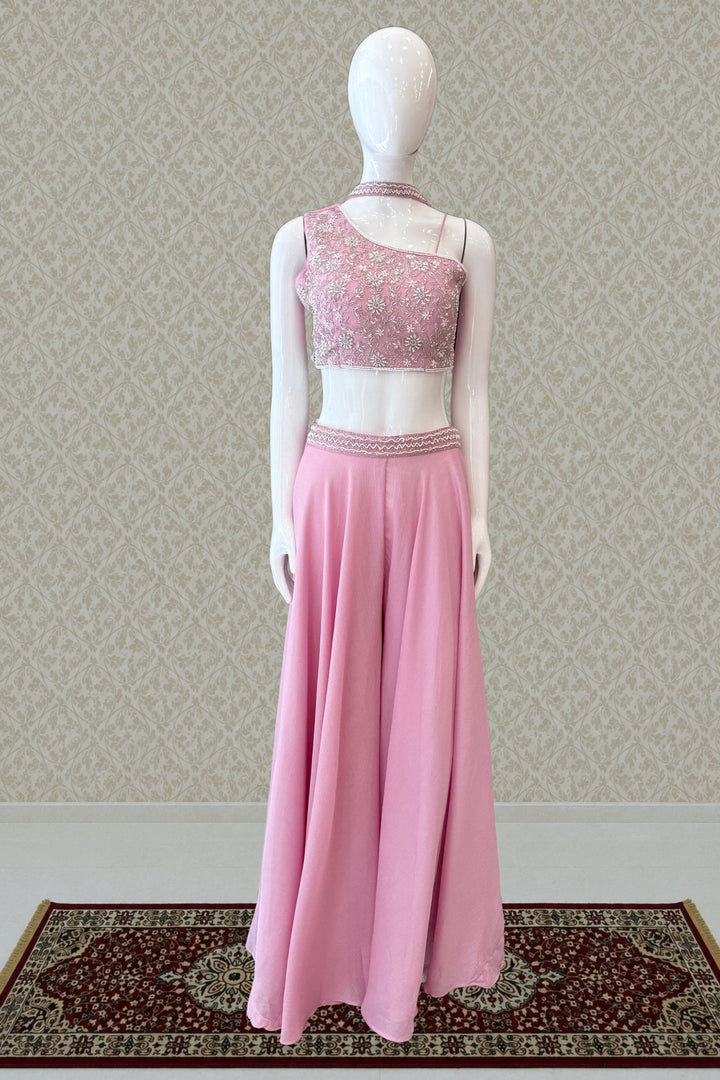 Baby Pink Beads and Stone work Indo-Western Palazzo Set with One-Shoulder Top
