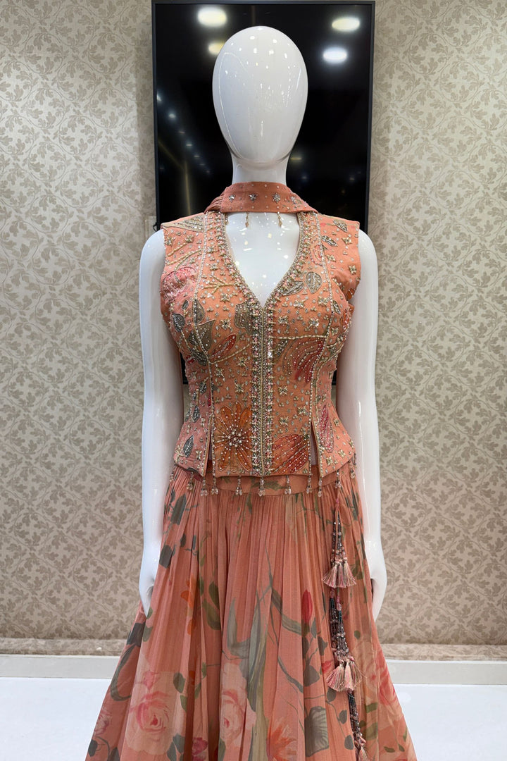 Peach Beads, Mirror and Zardozi work with Digital Print Peplum Style Lehenga