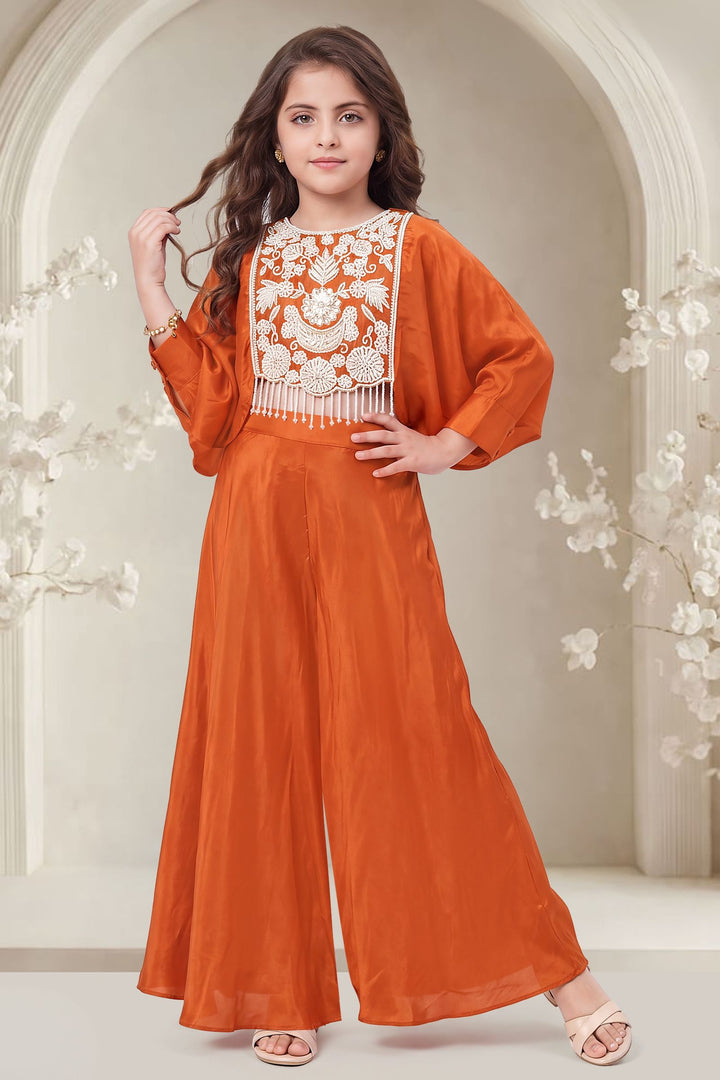 Orange Beads, Zari and Sequins work Kaftan Styled Palazzo Set For Girls