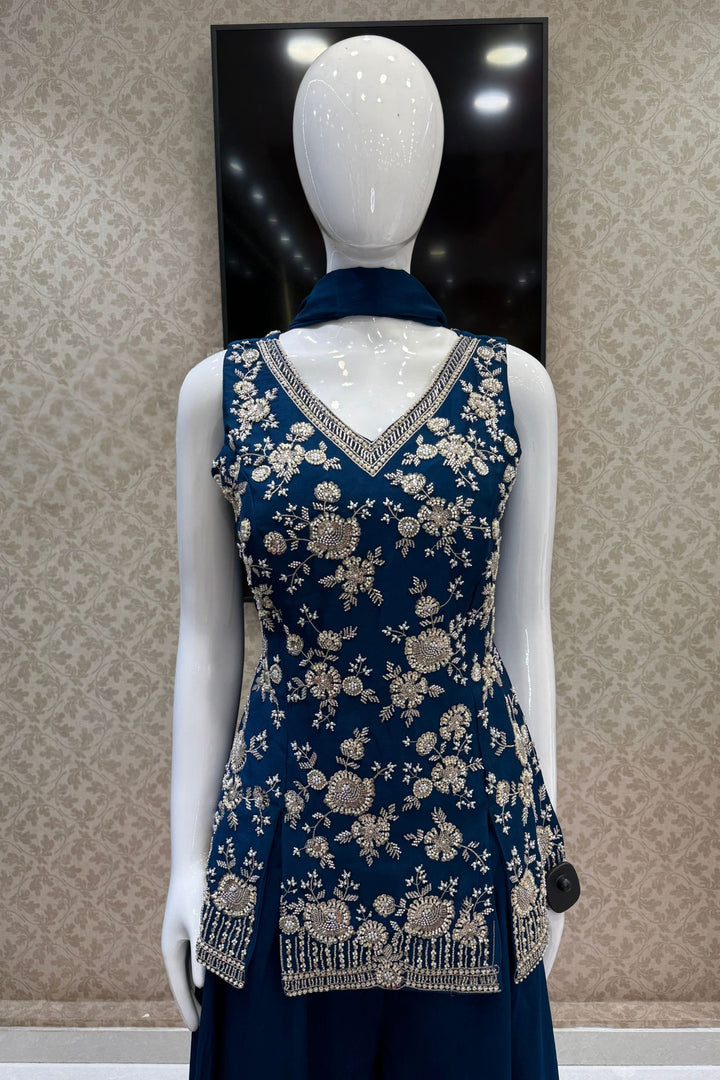Peacock Blue Beads, Zari and Sequins work Palazzo Salwar Suit