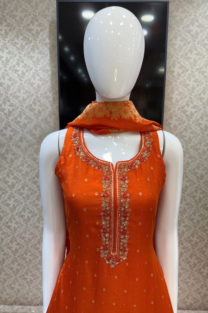 Orange Sequins, Beads, Zardozi, Stone and Banaras Butta work Straight Cut Salwar Suit