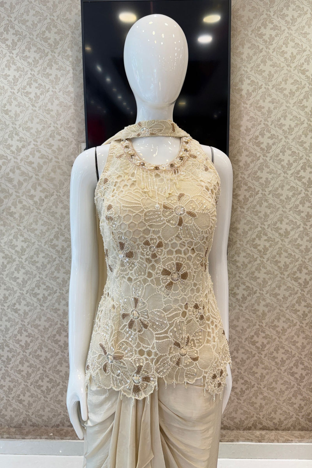 Cream Indo-Western Styled Beads, Sequins and Thread work Top and Cowl Skirt