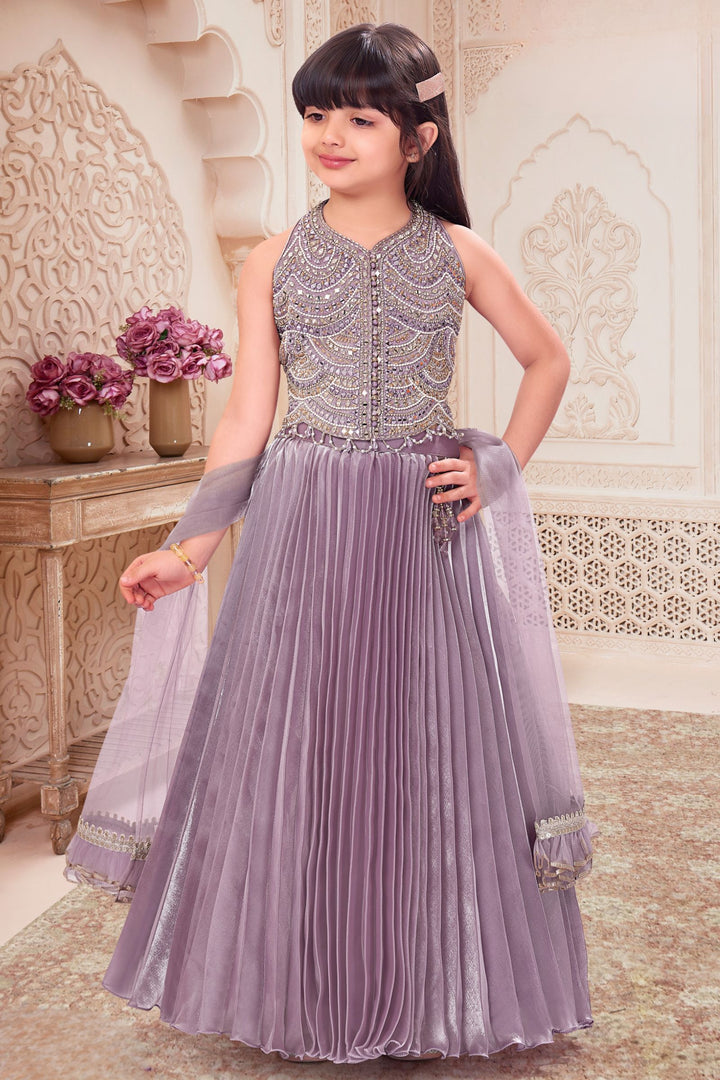 Lavender Mirror, Stone, Beads and Zari work Lehenga Choli for Girls