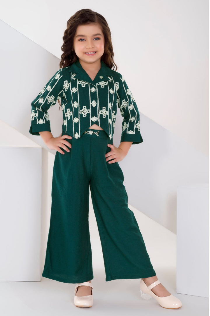 Bottle Green Thread and Sequins work Top with Palazzo Set for Girls