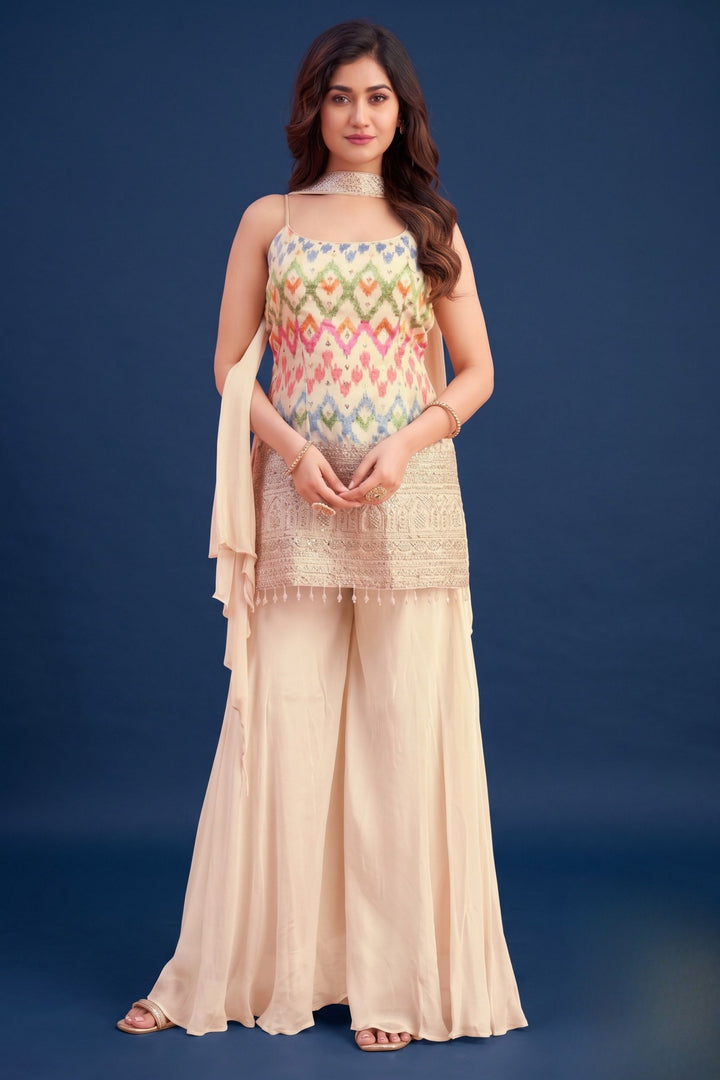 Beige Multicolor Embroidery, Sequins and Zari work Palazzo Salwar Suit