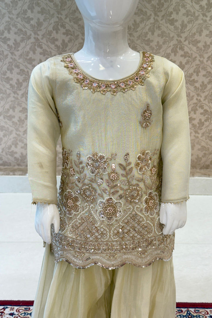 Cream Beads, Sequins, Zari, Zardozi and Mirror work Palazzo Suit Set for Girls