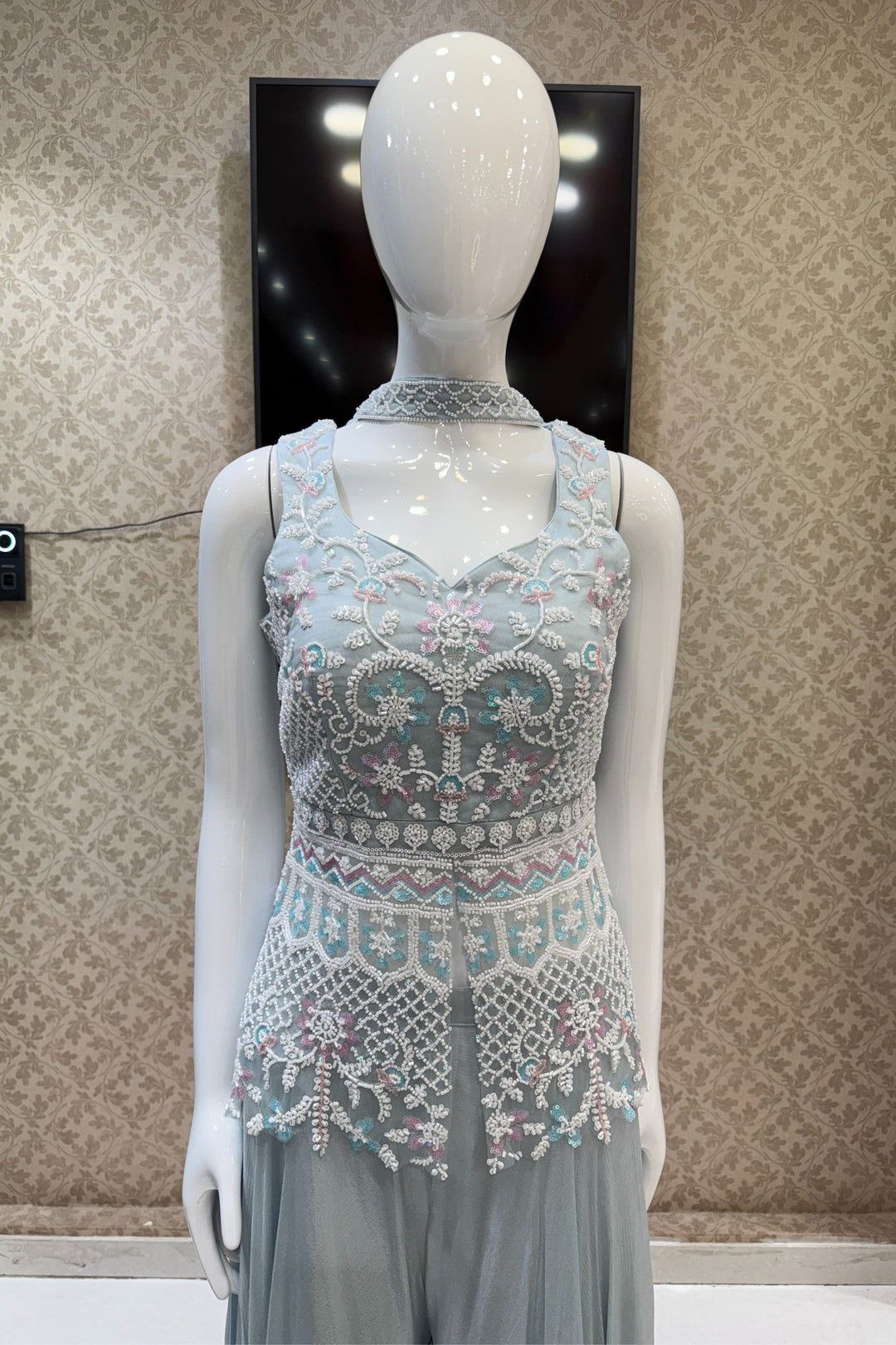 Sea Blue Beads and Sequins work Palazzo Suit Set