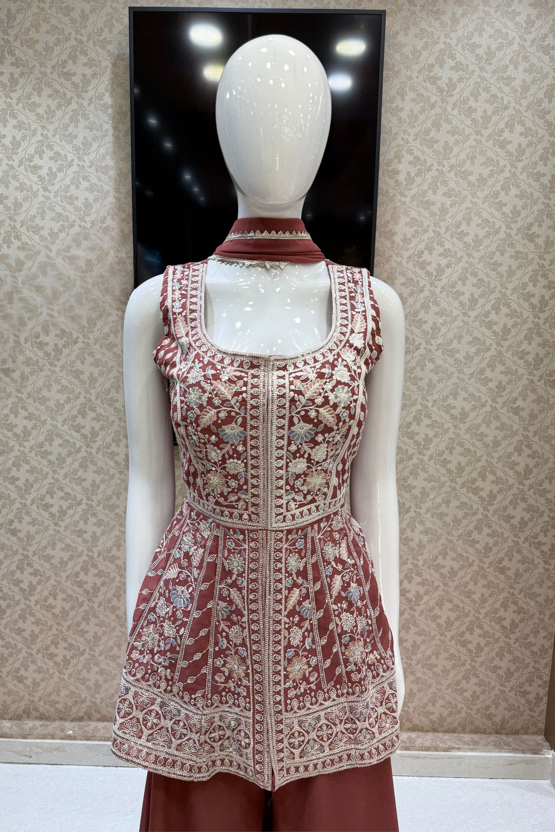 Brick Red Multicolor Embroidery and Sequins work Peplum Top with Palazzo Suit Set