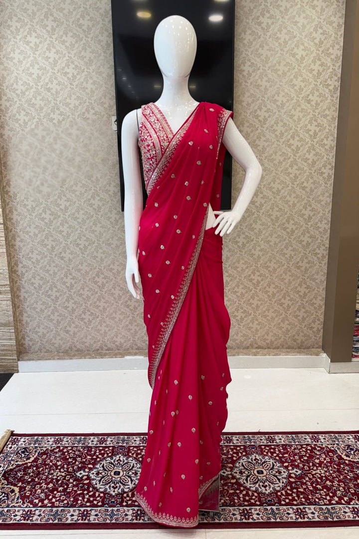 Rani Pink Zari and Sequins work Saree