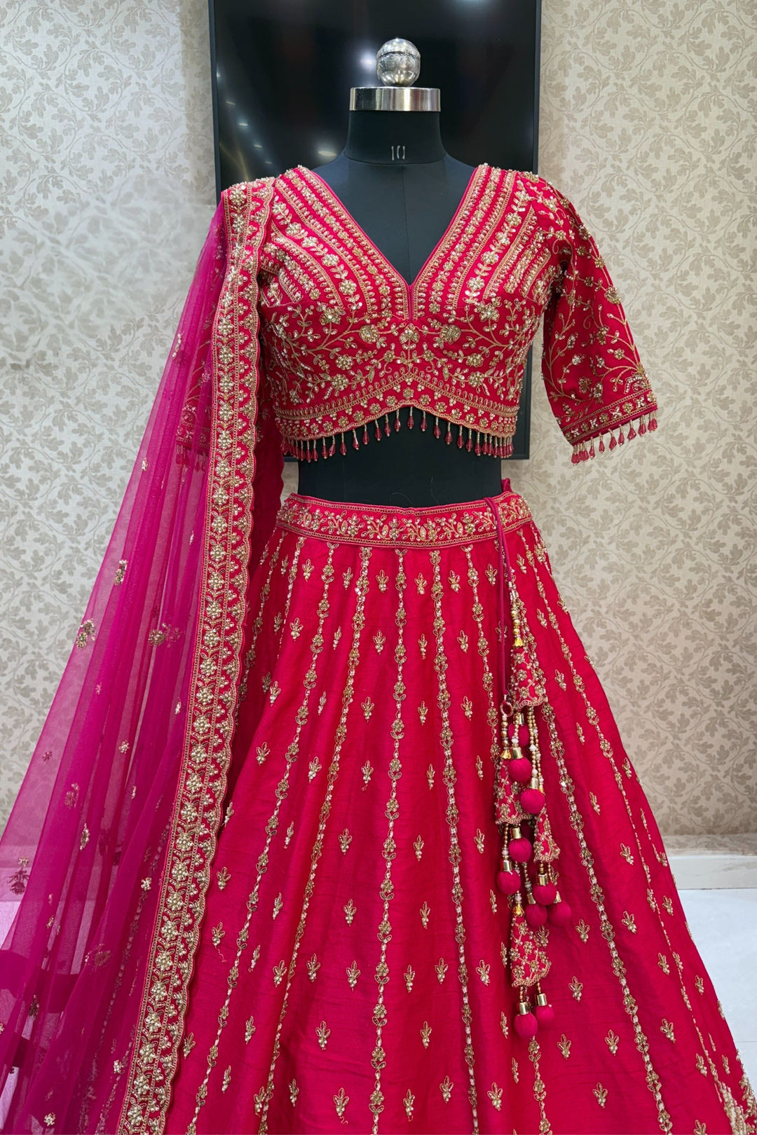 Rani Pink Beads, Zari, Zardozi and Sequins work Crop Top Designer Bridal Lehenga with Belt