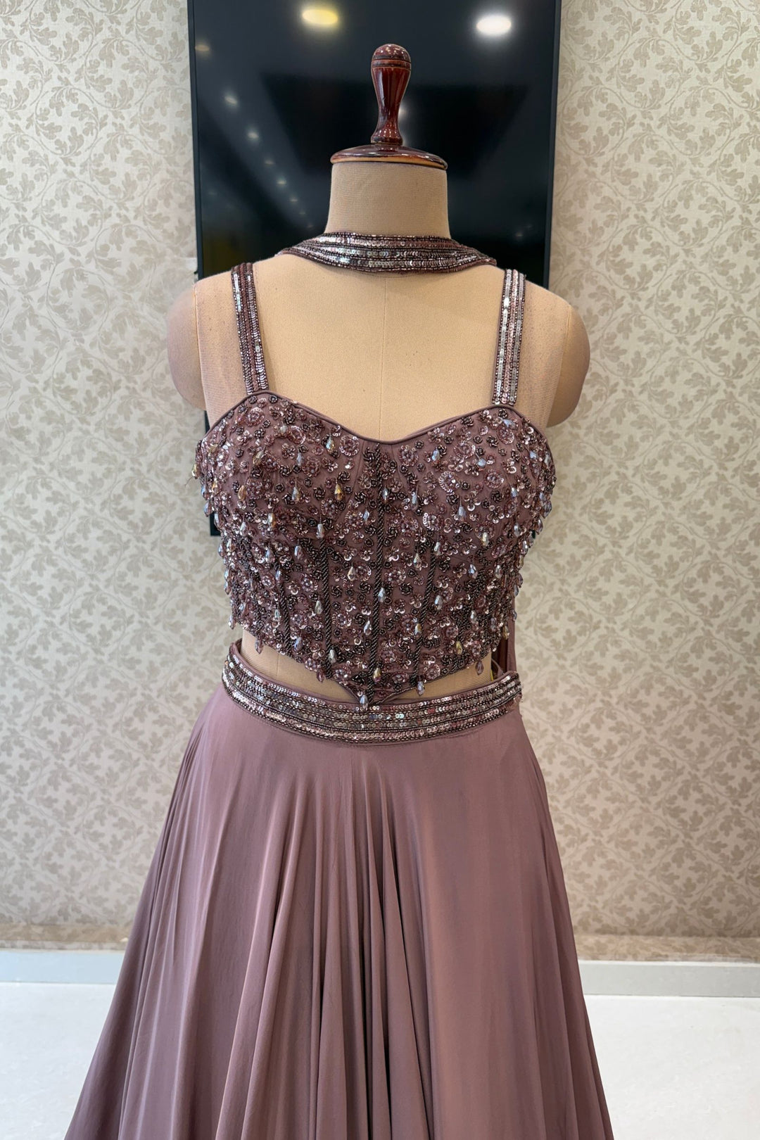 Light Brown Beads and Sequins work Crop Top Lehenga