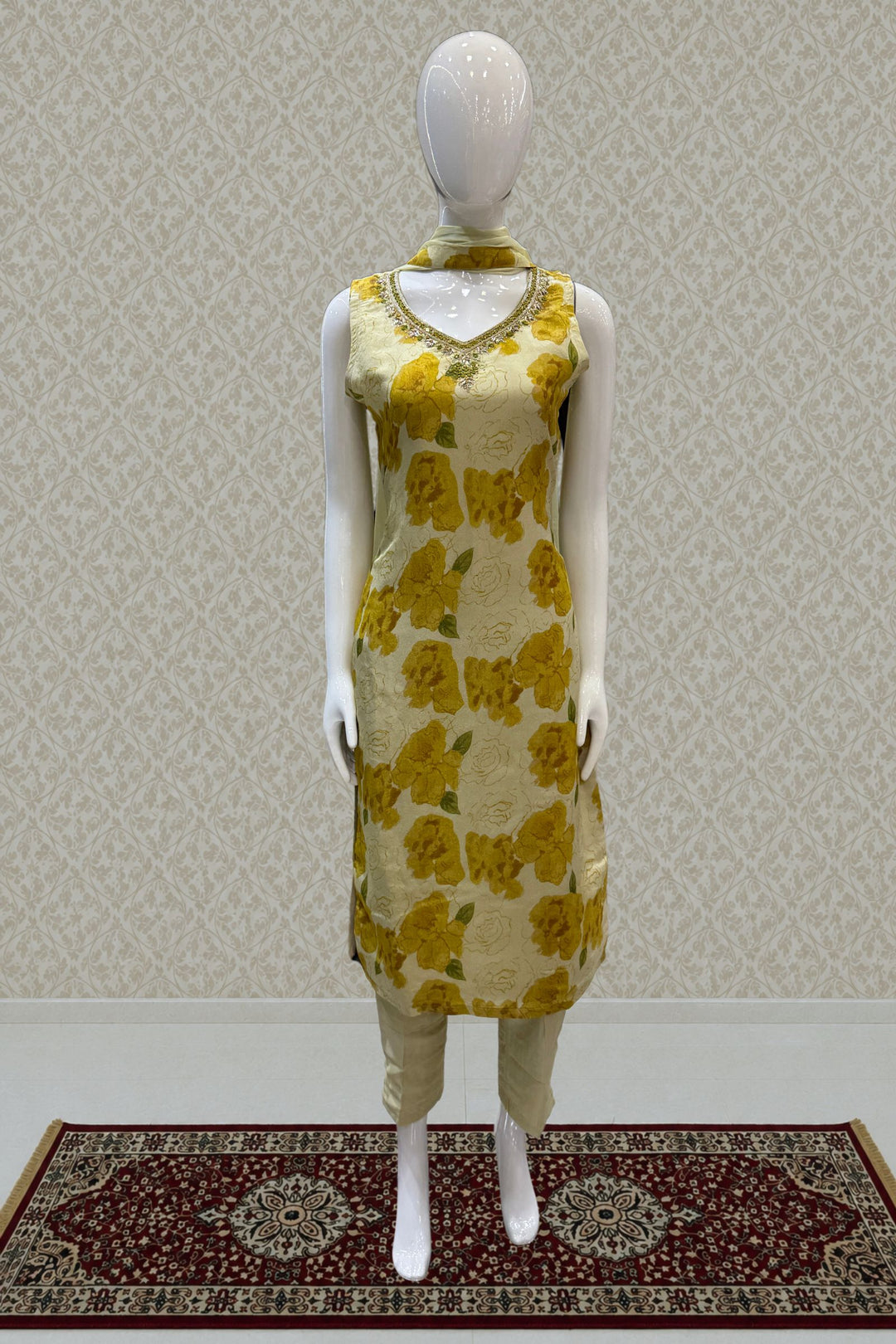 Beige with Yellow Floral Print with Zardozi and Mirror work Straight Cut Salwar Suit