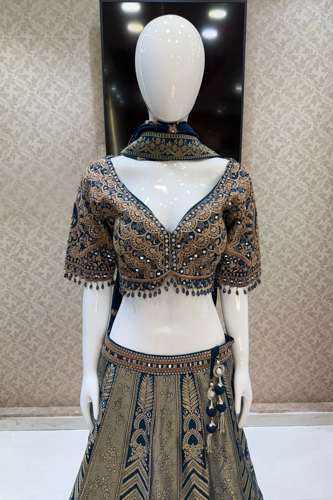 Peacock Blue Mirror, Beads, Zari, Sequins and Banaras work Crop Top Bridal Lehenga