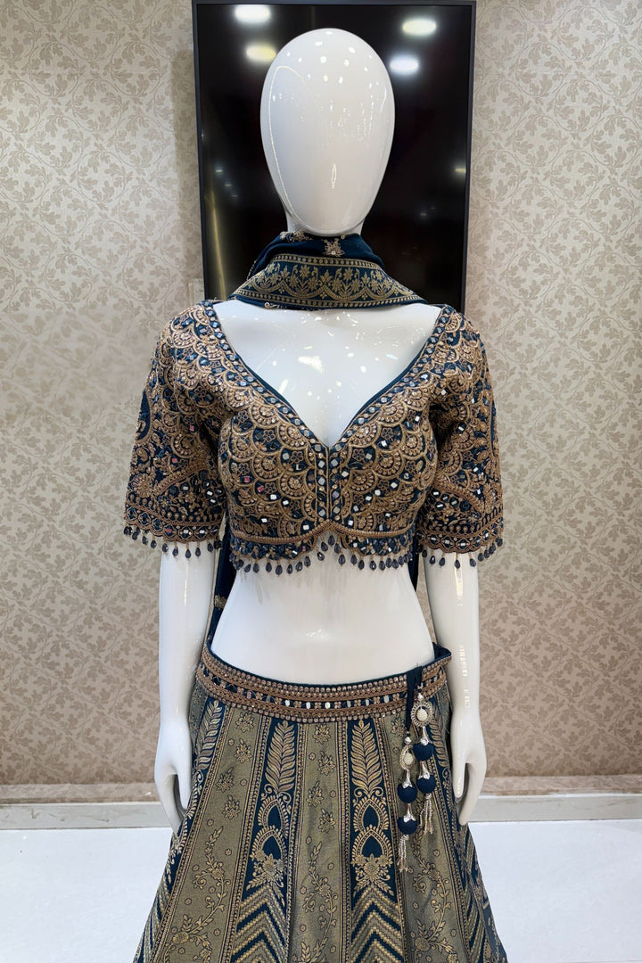 Peacock Blue Mirror, Beads, Zari, Sequins and Banaras work Crop Top Bridal Lehenga