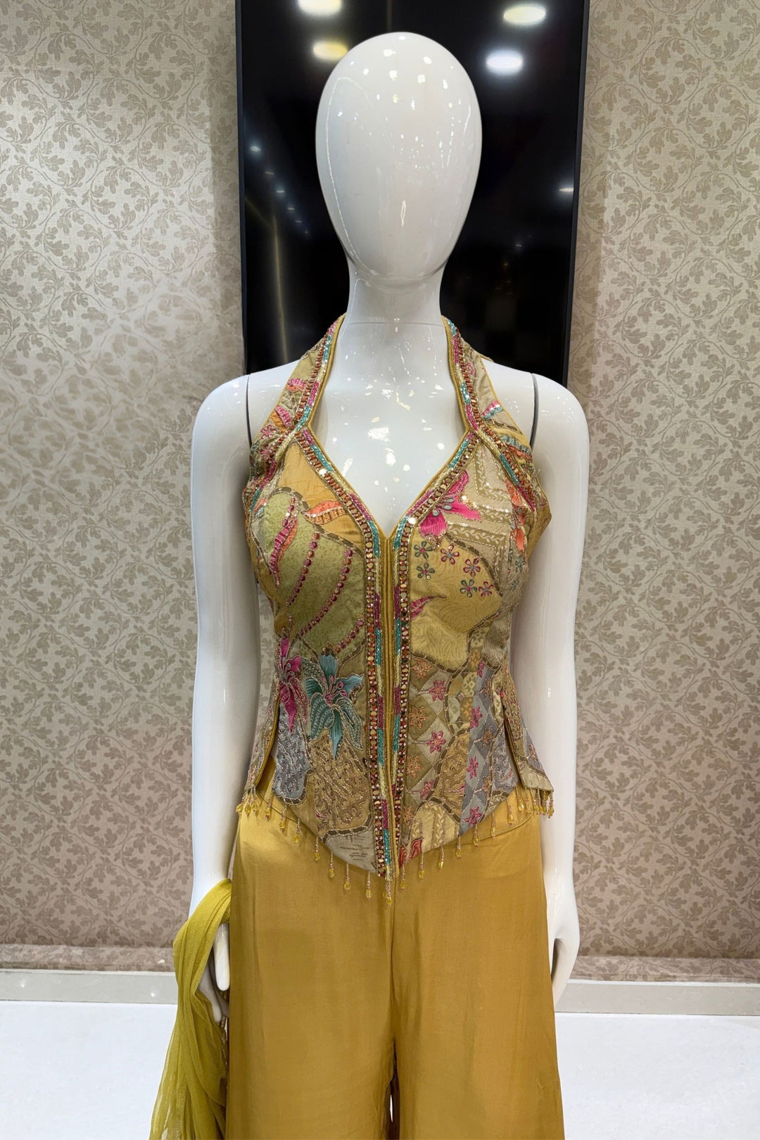 Yellow Halter Neck Palazzo Salwar Suit with Sequins, Mirror, Zari, Stone and Beads Detailing