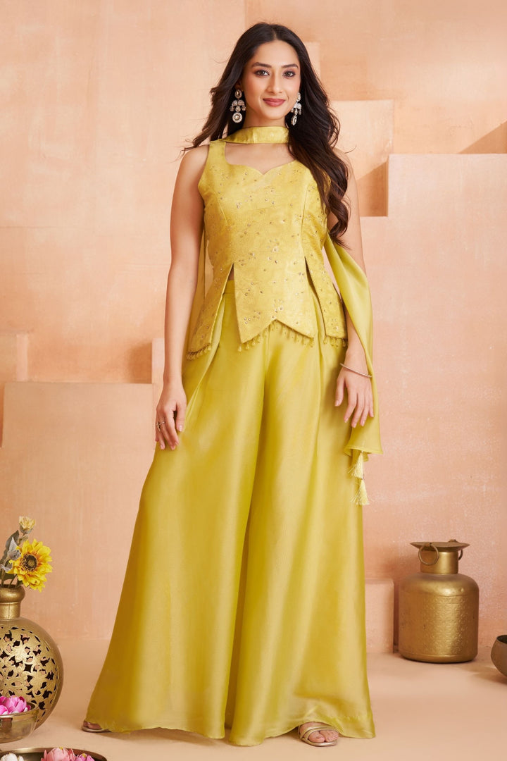 Lemon Yellow Kundan and Beads work Palazzo Suit Set