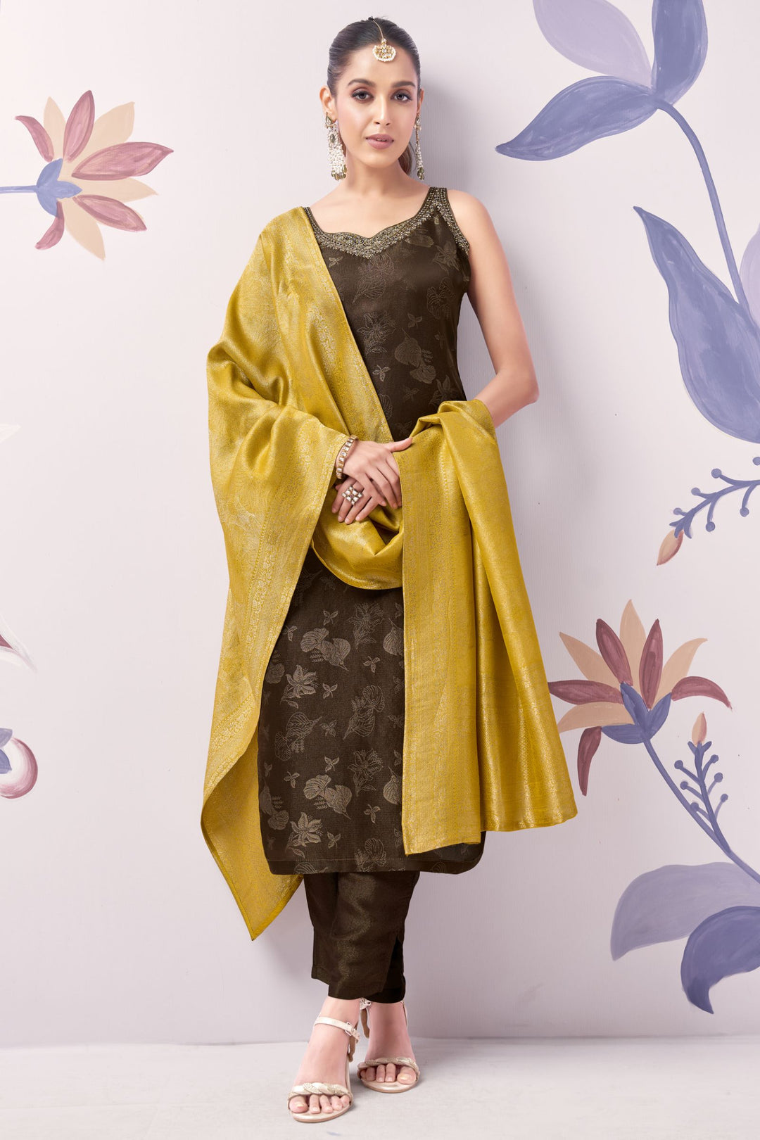 Brown Brocade, Stone, Zardozi, Zari and Mirror work Straight Cut Salwar Suit