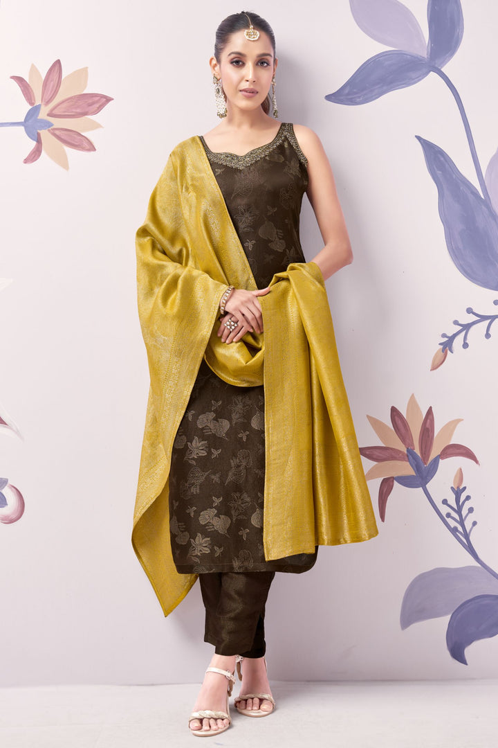 Brown Brocade, Stone, Zardozi, Zari and Mirror work Straight Cut Salwar Suit
