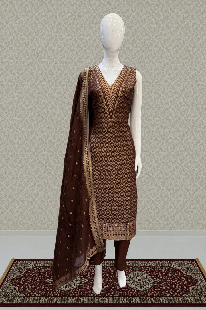 Brown Banaras work V-Neck Straight Cut Salwar Suit