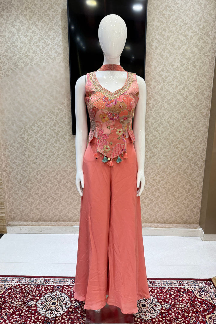 Peach Sequins, Zari, Zardozi and Stone work with Multicolor Digital Print Palazzo Suit Set