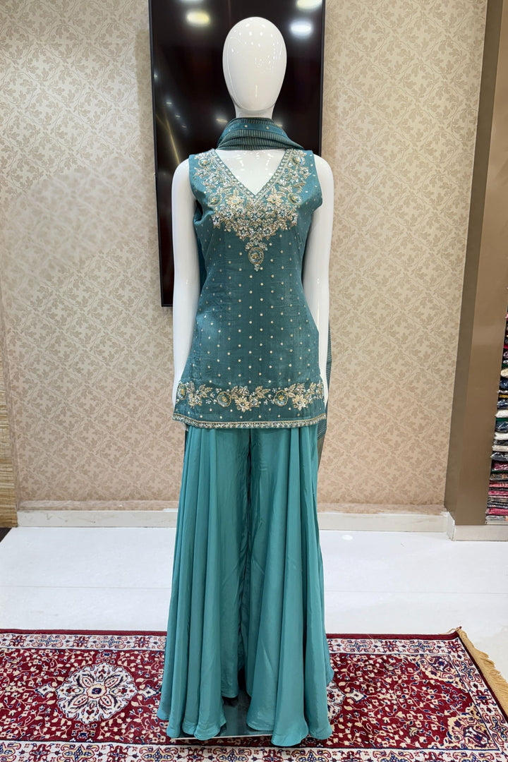 Rama Blue Banaras Zari, Beads, Sequins, Mirror, Stone and Zardozi work Palazzo Salwar Suit