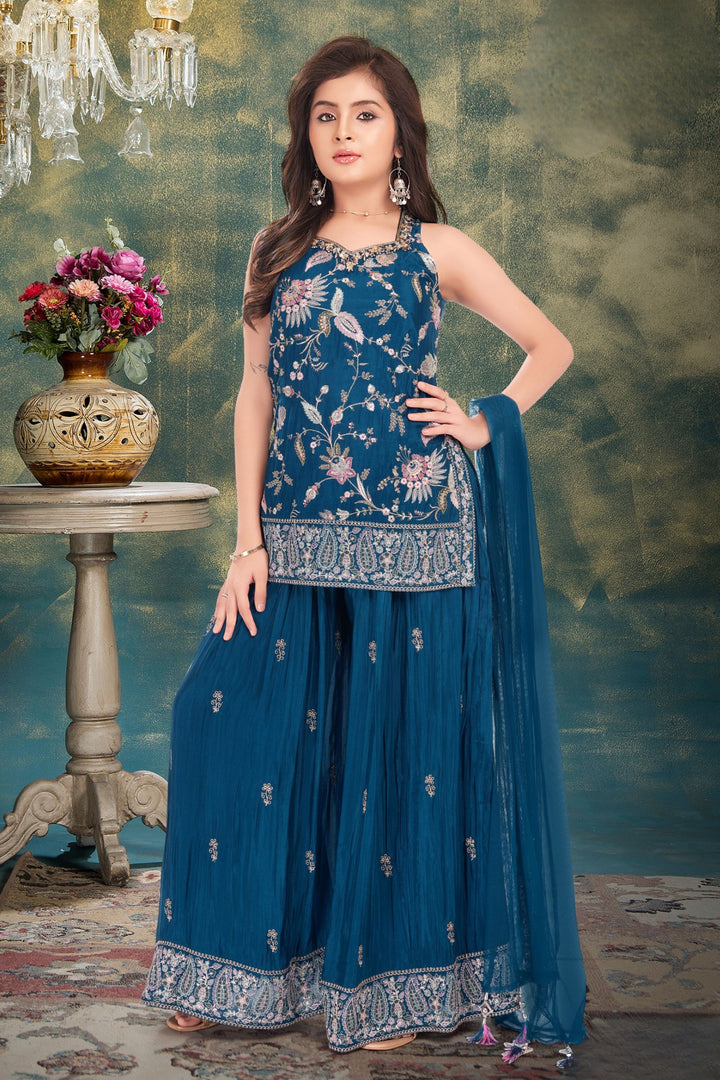 Peacock Blue Zari, Sequins, Beads, Embroidery and Mirror work Palazzo Suit Set for Girls