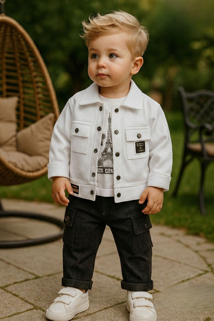 White Printed T-Shirt, Blazer and Black Pant Set for Boys