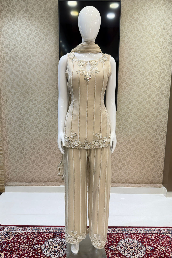 Beige Pearl, Sequins, Beads and Mirror work Top with Flared Palazzo Set