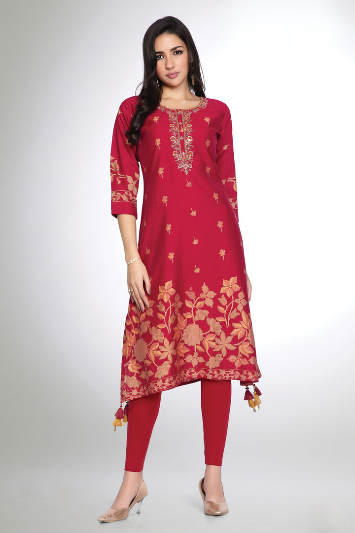 Red Mirror, Sequins and Beads work with Digital Print Calf Length Kurti