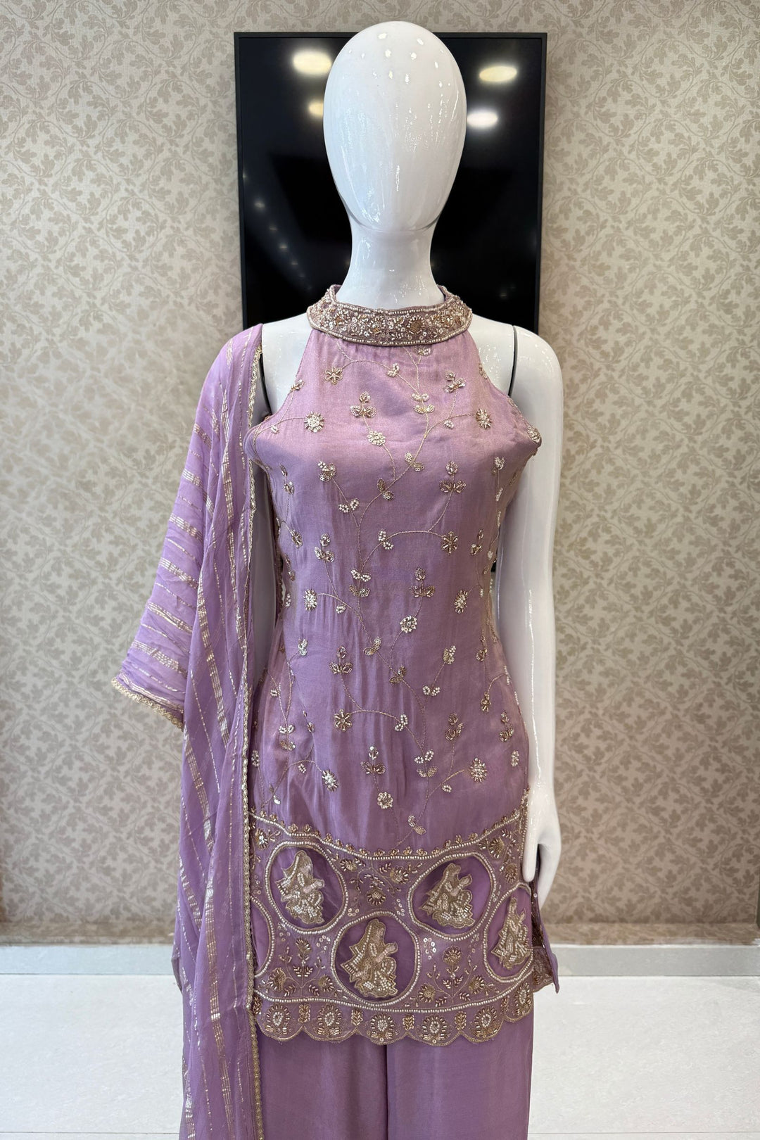 Lavender Zari, Sequins and Beads work Palazzo Salwar Suit