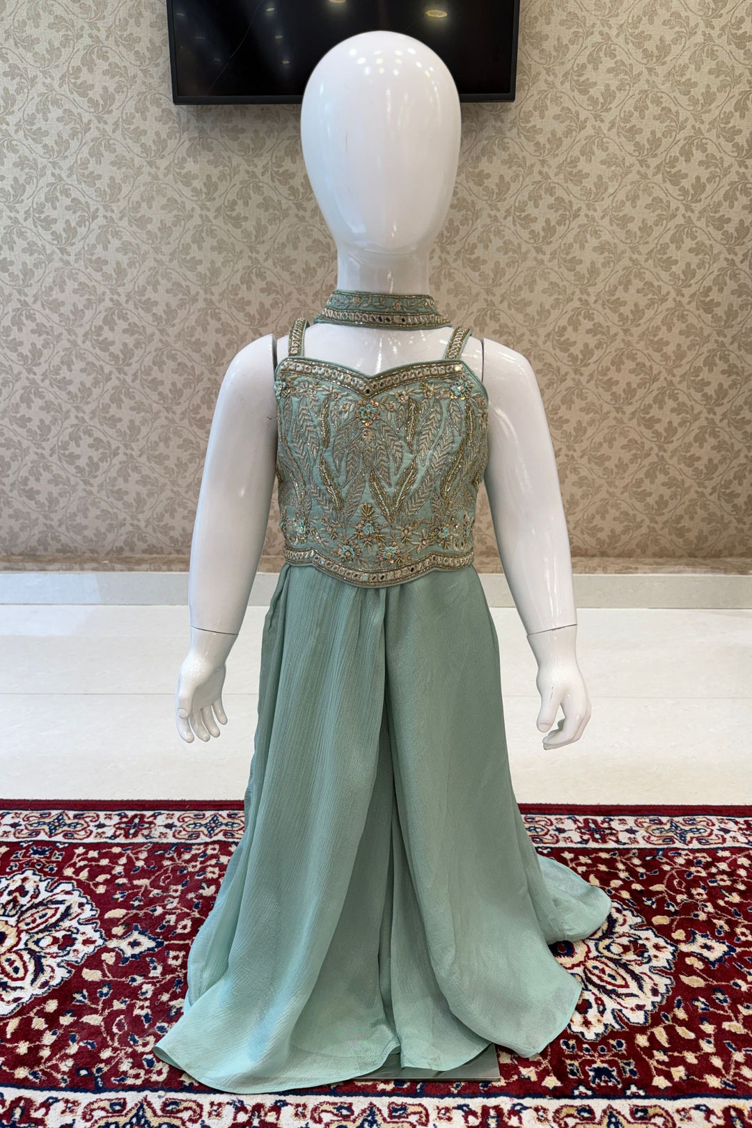 Sea Green Zari, Beads, Mirror and Zardozi work Palazzo Suit Set for Girls