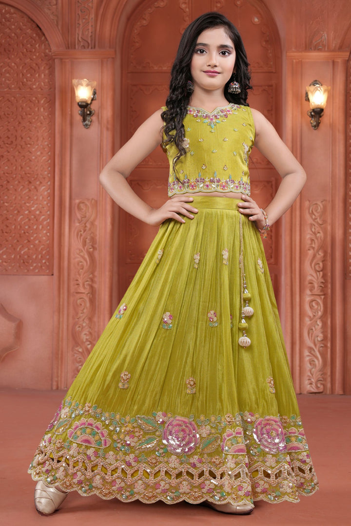 Lemon Green Beads and Sequins work Lehenga Choli for Girls
