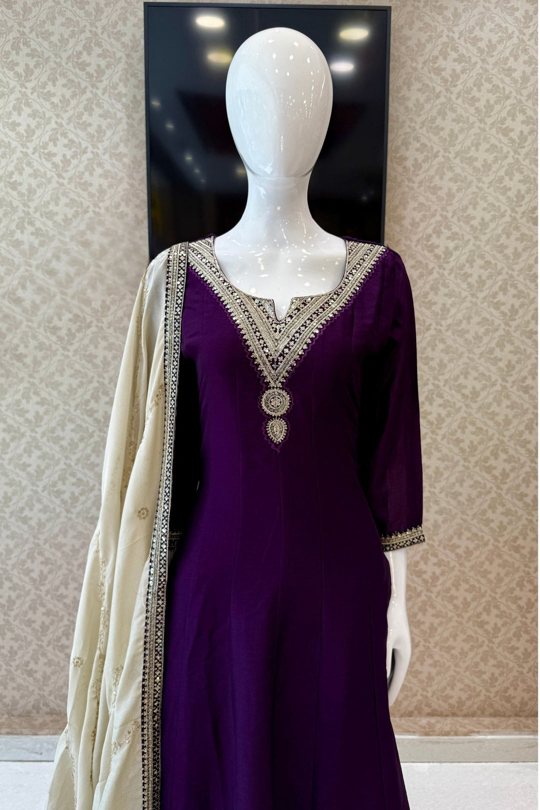 Dark Purple Sequins and Zari work A-line Cut Salwar Suit