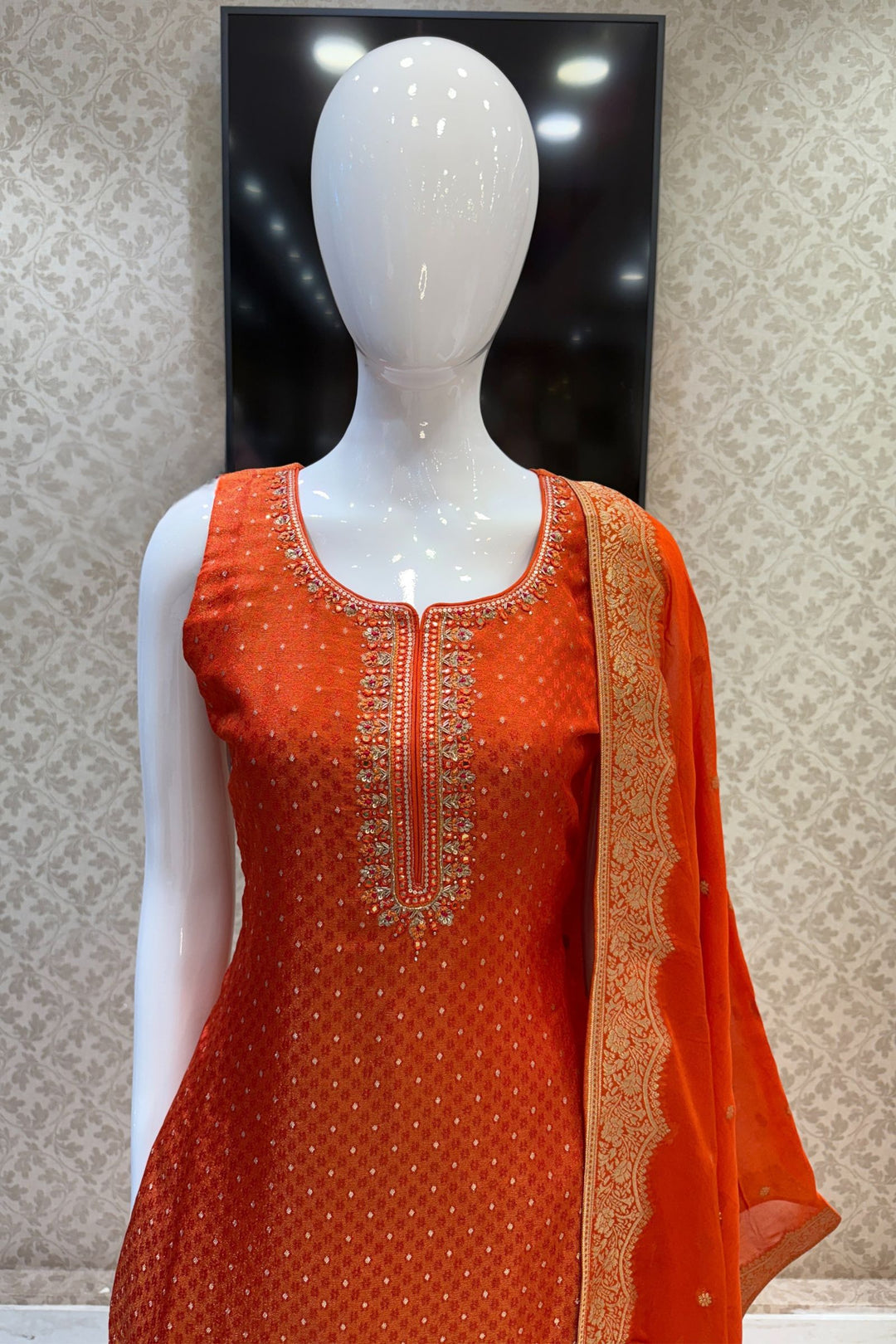 Orange Banaras, Zardozi, Mirror, Stone and Sequins work Straight Cut Salwar Suit
