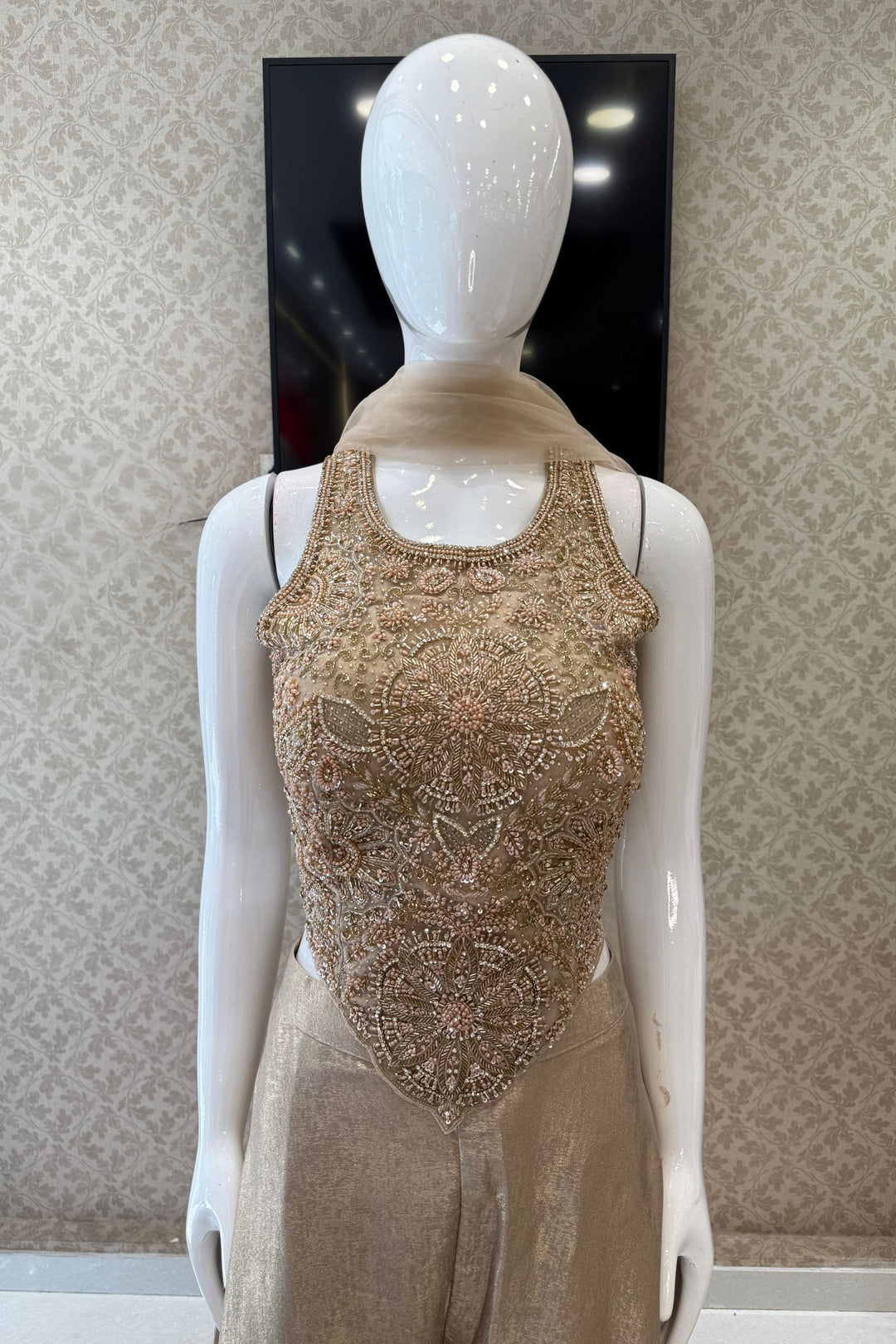 Gold Beads, Stone and Sequins work Palazzo Suit Set