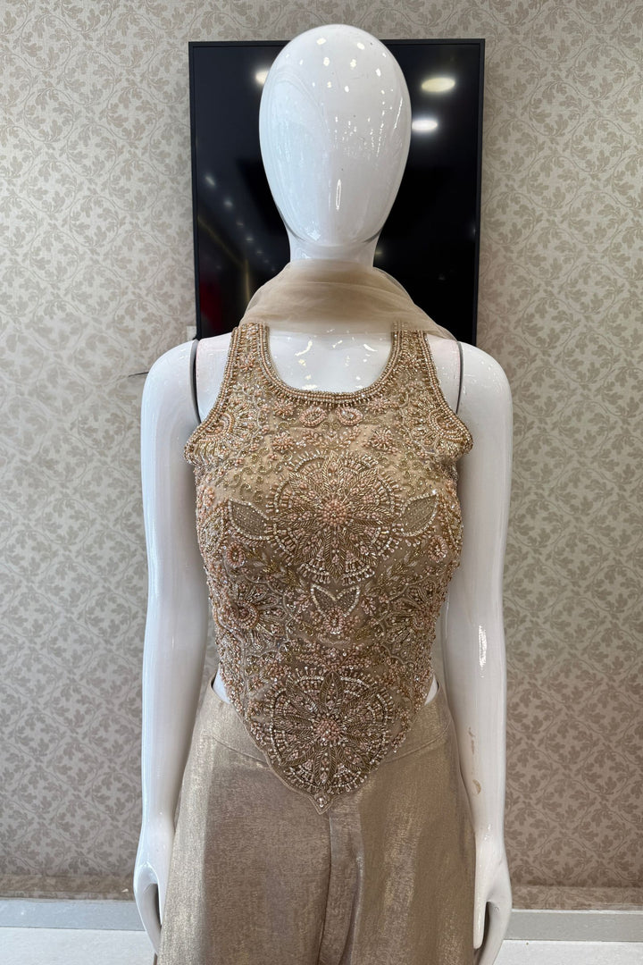 Gold Beads, Stone and Sequins work Palazzo Suit Set