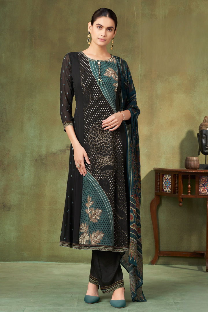 Black Sequins and Thread work with Digital Print Straight Cut Salwar Suit