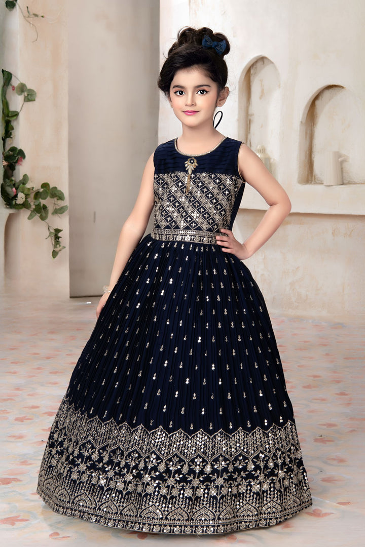 Blue Zari, Sequins and Stone work Long Party Gown for Girls