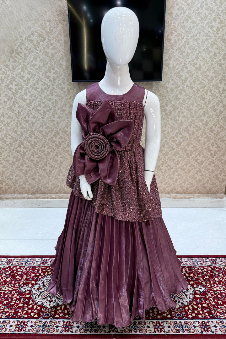 Wine Sequins and Thread work Long Party Frock for Girls